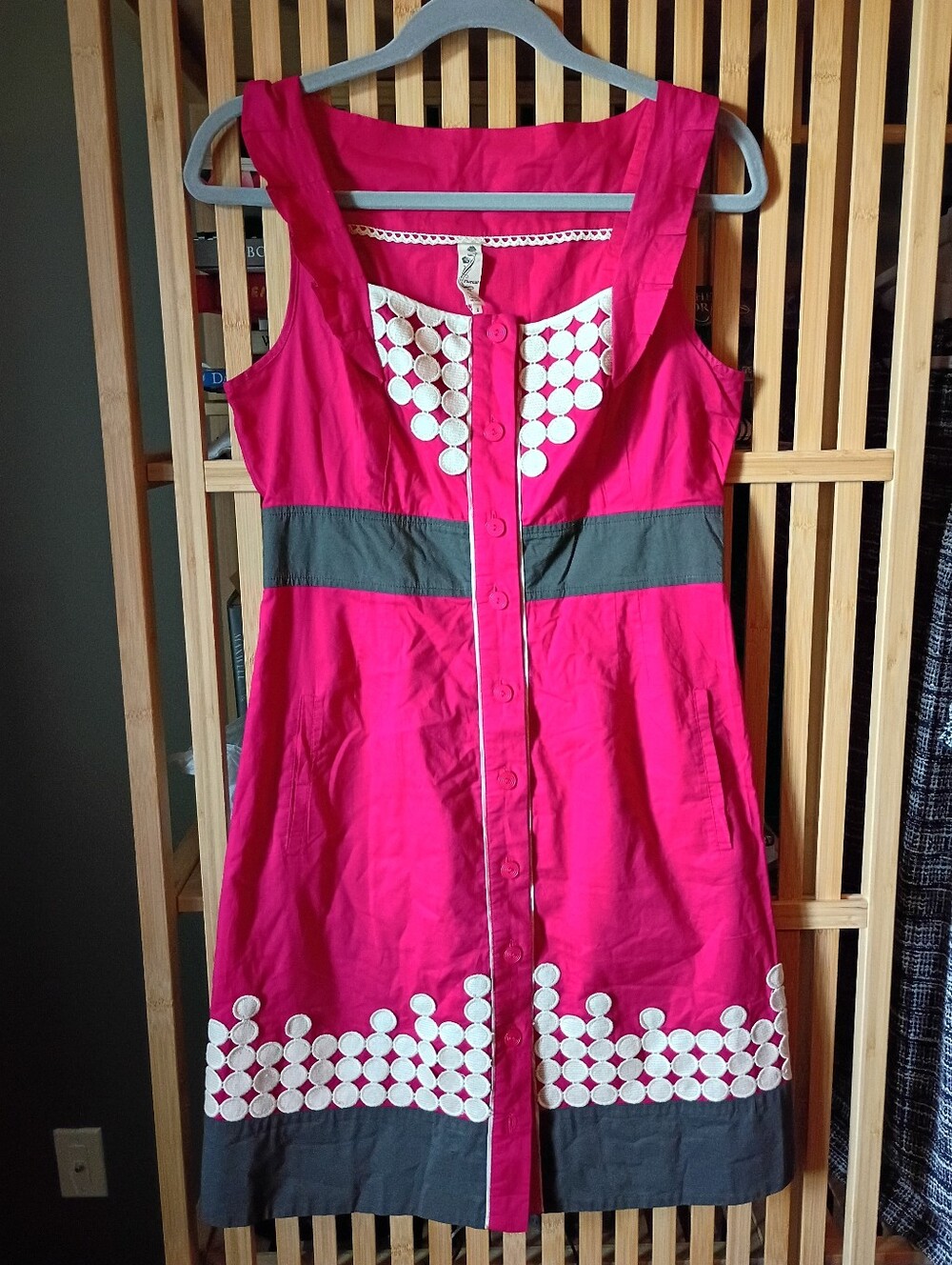 Anthropologie Floreat Sweet-As-Pie Pink Circle Dot Mod Button Dress, Sz 8